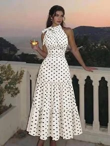 SHEIN MOD 女款黑白波點蝴蝶結裝飾收腰時尚洋裝，聖誕節、萬聖節，優雅復古鄉村度假風 - 黑與白 - 查看 1