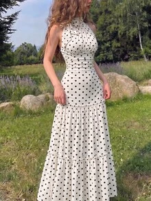 SHEIN MOD 女款黑白波點蝴蝶結裝飾收腰時尚洋裝，聖誕節、萬聖節，優雅復古鄉村度假風 - 黑與白 - 查看 10