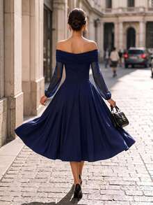 Penseblé Autumn/Winter Elegant Off-Shoulder Navy Blue Mesh Patchwork Waist-Cinching Mid-Length Dress For Party And Wedding, Romantic And Exquisite Women's Dress - Navy Blue - View 2