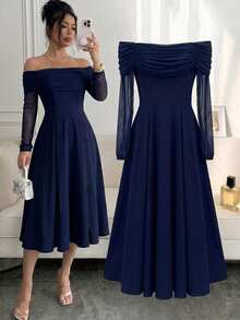 Penseblé Autumn/Winter Elegant Off-Shoulder Navy Blue Mesh Patchwork Waist-Cinching Mid-Length Dress For Party And Wedding, Romantic And Exquisite Women's Dress - Navy Blue - View 5