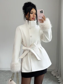 Elenzga Women's Autumn/Winter Fashion Elegant Patchwork Woolen Striped Solid Color Minimalist Elegant Style Suitable For Dating Street Photography Outing Shopping Wool - Apricot - View 4