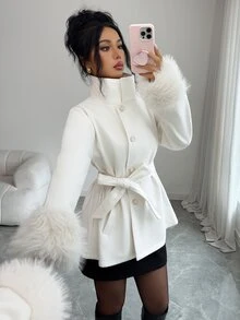 Elenzga Women's Autumn/Winter Fashion Elegant Patchwork Woolen Striped Solid Color Minimalist Elegant Style Suitable For Dating Street Photography Outing Shopping Wool - Apricot - View 1