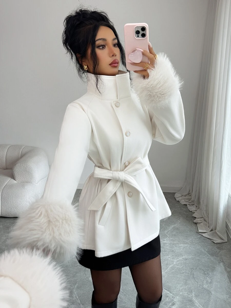 Elenzga Women's Autumn/Winter Fashion Elegant Patchwork Woolen Striped Solid Color Minimalist Elegant Style Suitable For Dating Street Photography Outing Shopping Wool - Apricot - View 1