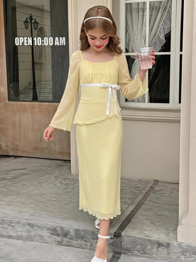 SHEIN طقم من قطعتين للبنات المراهقات، ملابس علوية كاجوال أنيقة بأسلوب فرنسي باللون الأصفر الفاتح، بياقة مربعة وفيونكة وأكمام طويلة واسعة، مع تنورة ضيقة بقصة حورية البحر، مناسبة لجميع الفصول (الربيع والصيف والخريف والشتاء)، مناسبة للعطلات والارتداء اليومي
