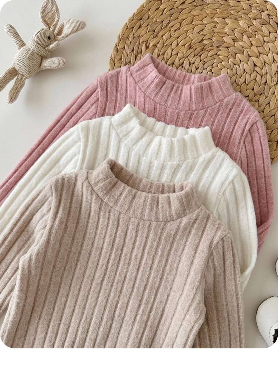 3pcs Baby Girl Cute Solid Color Long Sleeve Bodysuit, Autumn/Winter - Multicolor - View 1