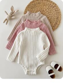 3pcs Baby Girl Cute Solid Color Long Sleeve Bodysuit, Autumn/Winter - Multicolor - View 8