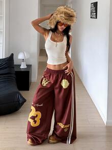 StreetHx Women's Burgundy Sporty Style Contrast Print Side Stripe Loose Wide Leg Long Pants - Red - View 3