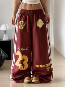 StreetHx Women's Burgundy Sporty Style Contrast Print Side Stripe Loose Wide Leg Long Pants - Red - View 4