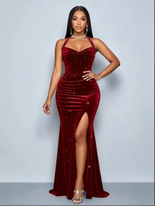 SOLERSUN Women's Red Elegant Autumn/Winter Party Dress, Elastic Velvet Shiny Sequins, Cowl Neck, Ruched Hips, Front Slit, Open Back, Mermaid Floor-Length Dress - Burgundy - View 7