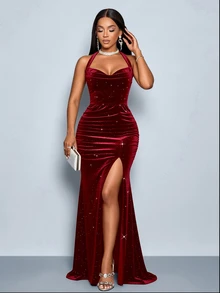 SOLERSUN Women's Red Elegant Autumn/Winter Party Dress, Elastic Velvet Shiny Sequins, Cowl Neck, Ruched Hips, Front Slit, Open Back, Mermaid Floor-Length Dress - Burgundy - View 6