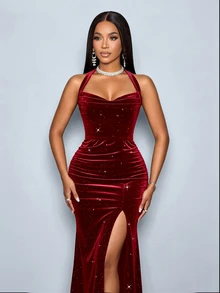 SOLERSUN Women's Red Elegant Autumn/Winter Party Dress, Elastic Velvet Shiny Sequins, Cowl Neck, Ruched Hips, Front Slit, Open Back, Mermaid Floor-Length Dress - Burgundy - View 5