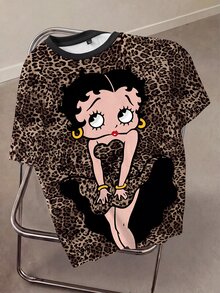 Betty Boop x SHEIN Women's Leopard Print Full-Width Short Sleeve T-Shirt, - White - View 3