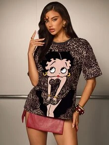 Betty Boop x SHEIN Women's Leopard Print Full-Width Short Sleeve T-Shirt, - White - View 1