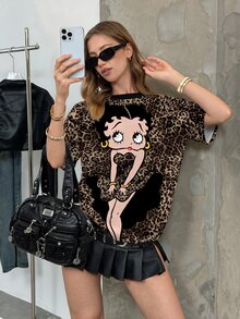 Betty Boop x SHEIN Women's Leopard Print Full-Width Short Sleeve T-Shirt, - White - View 4