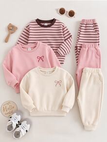 SHEIN Vintaside Kids 3件組幼童女童衛衣喇叭褲套裝，可愛甜美粉色奶油黑蝴蝶結刺繡條紋長袖圓領，公主芭蕾風，適合假日秋冬穿著 - 粉色 - 查看 3