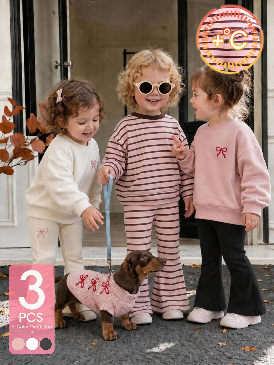 SHEIN Vintaside Kids 3件組幼童女童衛衣喇叭褲套裝,可愛甜美粉色奶油黑蝴蝶結刺繡條紋長袖圓領,公主芭蕾風,適合假日秋冬穿著 - 粉色 - 查看 1