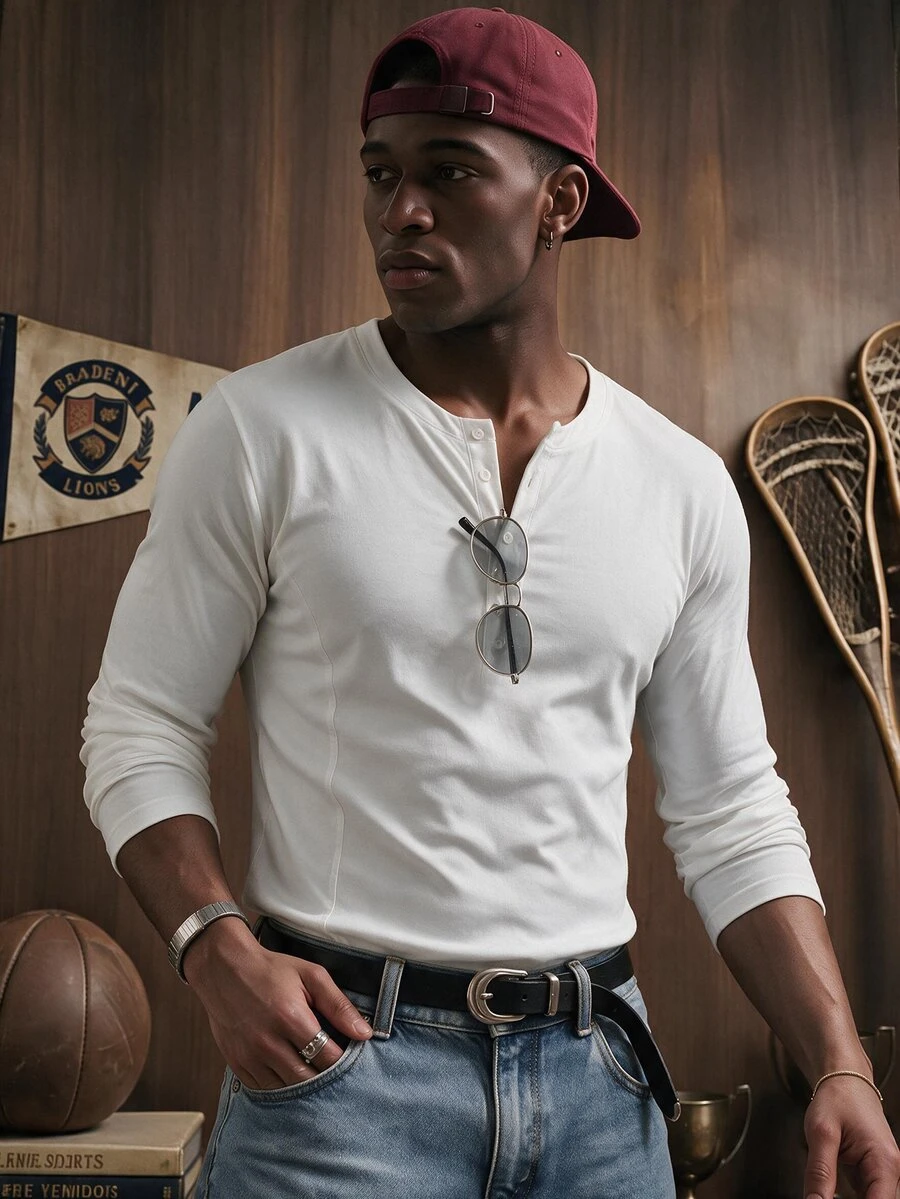 SIGLOCORE Men's Solid Color Button Half-Placket Long Sleeve Casual T-Shirt - White - View 1