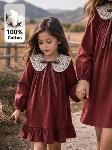 Young Girl Woven Solid Color Patchwork Floral Peter Pan Collar 3D Bow Casual Dress - Brown - View 1