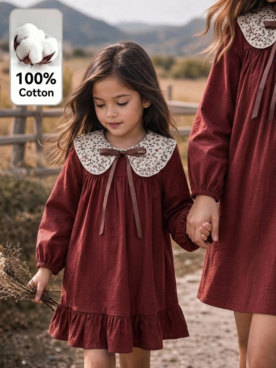 Young Girl Woven Solid Color Patchwork Floral Peter Pan Collar 3D Bow Casual Dress - Brown - View 1