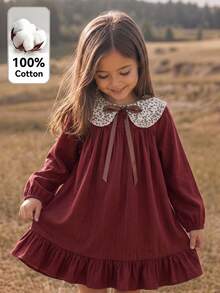Young Girl Woven Solid Color Patchwork Floral Peter Pan Collar 3D Bow Casual Dress - Brown - View 5