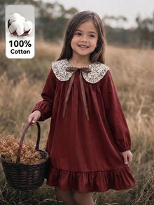 Young Girl Woven Solid Color Patchwork Floral Peter Pan Collar 3D Bow Casual Dress - Brown - View 4