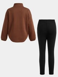 SHEIN 女童休閒日常灰色印花立領秋季上衣與黑色內搭褲套裝 - 咖啡棕 - 查看 2
