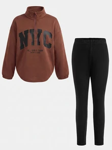 SHEIN 女童休閒日常灰色印花立領秋季上衣與黑色內搭褲套裝 - 咖啡棕 - 查看 5
