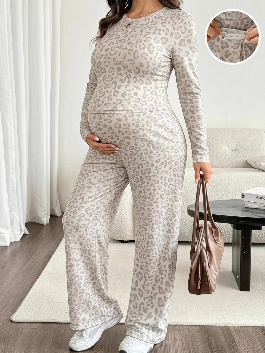 SHEIN Maternity Leopard Print Round Neck Long Sleeve T-Shirt And Adjustable Waist Long Pants Casual 2 Pieces Set Fall - Multicolor - View 1
