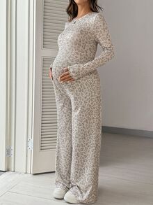 SHEIN Maternity Leopard Print Round Neck Long Sleeve T-Shirt And Adjustable Waist Long Pants Casual 2 Pieces Set Fall - Multicolor - View 4
