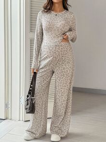 SHEIN Maternity Leopard Print Round Neck Long Sleeve T-Shirt And Adjustable Waist Long Pants Casual 2 Pieces Set Fall - Multicolor - View 7