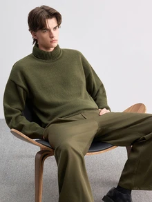 Manfinity Homme 秋冬新款純色高領無袖長袖毛衣，適合外出、正式晚餐、派對及各種場合 - 墨綠色 - 查看 7