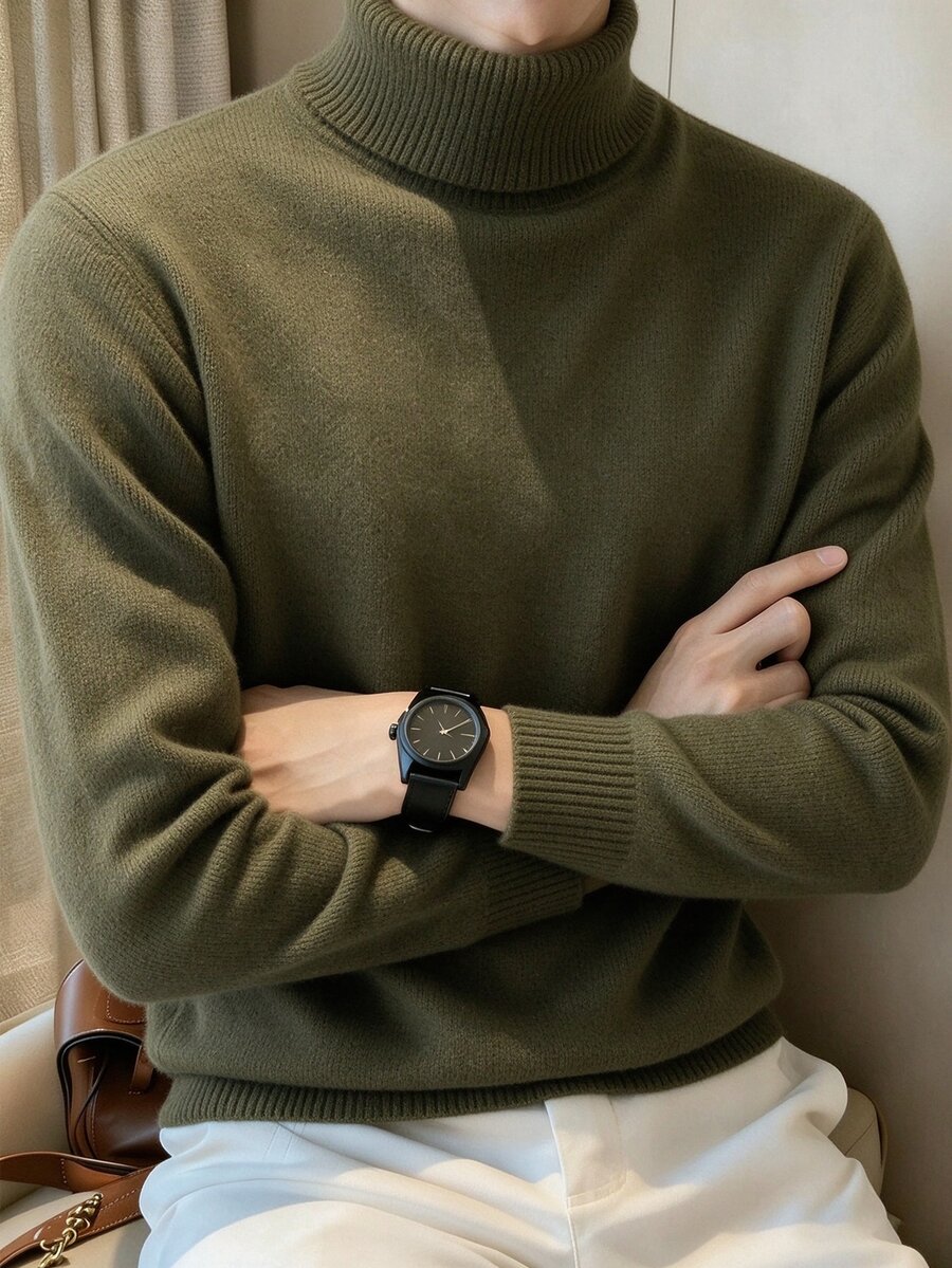 Manfinity Homme 秋冬新款純色高領無袖長袖毛衣，適合外出、正式晚餐、派對及各種場合 - 墨綠色 - 查看 1
