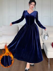 Feyla New Vintage Design Wavy Edge Button-Up Cinched Waist Pleated A-Line Slimming Velvet Dress - Navy Blue - View 2