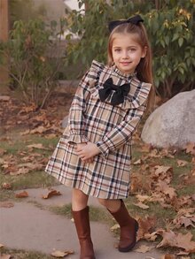 Emery Rose Kids Emery Rose Kids 女童小女孩可愛度假休閒杏色格紋蝴蝶結長袖寬鬆連身裙 秋季花卉洋裝 入學返校校園穿搭 - 彩色 - 查看 8
