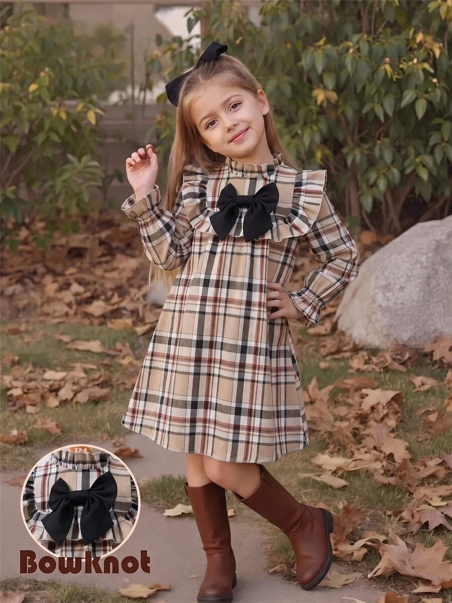 Emery Rose Kids Emery Rose Kids 女童小女孩可愛度假休閒杏色格紋蝴蝶結長袖寬鬆連身裙 秋季花卉洋裝 入學返校校園穿搭 - 彩色 - 查看 1