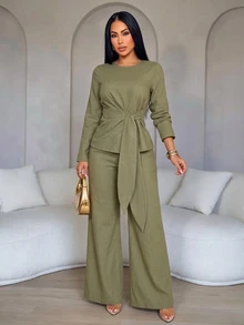 SOLERSUN Women's Round Neck Long Sleeve Waist Tie Shirt And Long Pants Elegant Modest Set, Dinner Office, Olive Green Autumn, Christmas Women's Clothing - Olive Green - View 7
