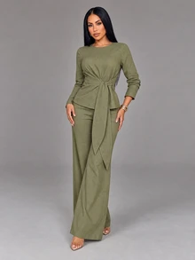 SOLERSUN Women's Round Neck Long Sleeve Waist Tie Shirt And Long Pants Elegant Modest Set, Dinner Office, Olive Green Autumn, Christmas Women's Clothing - Olive Green - View 9