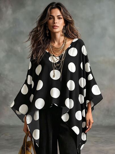 Glimmora Vintage Large Polka Dot V-Neck Batwing Sleeve Top