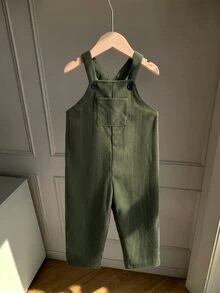 兒童嬰兒男孩/女孩，秋冬休閒時尚極簡深綠色燈芯絨吊帶褲連身衣，適合外出與派對 - 墨綠色 - 查看 3