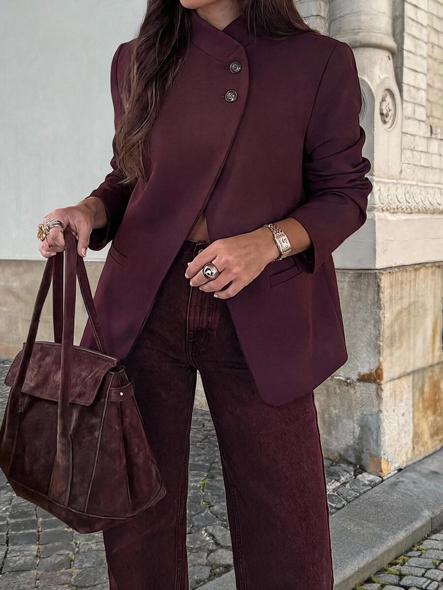 Lavishia Women's Elegant Asymmetric Burgundy Red New Style Summer/ Commuter Fashion High Neck Button Decor Blazer,Casual Blazer Outfits Office Business