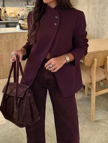 Lavishia Women's Elegant Asymmetric Burgundy Red New Style Summer/ Commuter Fashion High Neck Button Decor Blazer,Casual Blazer Outfits Office Business - Red Violet - View 4