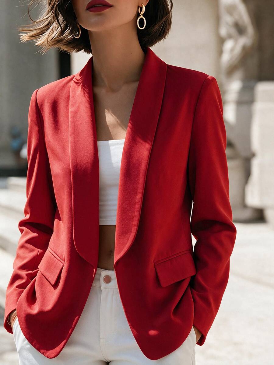 RosyDaze Women's Solid Color Shawl Collar Long Sleeve Casual Office Blazer - Red - View 1