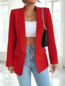 RosyDaze Women's Solid Color Shawl Collar Long Sleeve Casual Office Blazer - Red - View 3