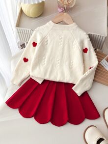 SHEIN Baby Girl Casual Heart Pattern Knit Pullover Sweater,In Fall/Winter Suitable For Christmas - White - View 2