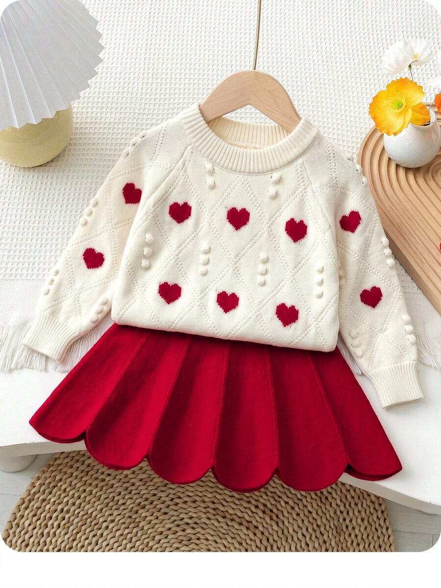 SHEIN Baby Girl Casual Heart Pattern Knit Pullover Sweater,In Fall/Winter Suitable For Christmas - White - View 1