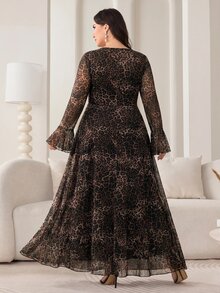Modelyn 大尺碼時尚棕色喇叭袖垂領洋裝 派對晚宴秋季優雅款 - 彩色 - 查看 2