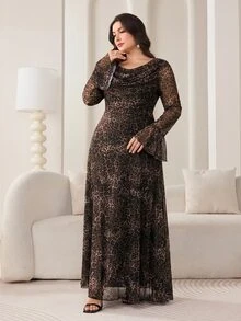 Modelyn 大尺碼時尚棕色喇叭袖垂領洋裝 派對晚宴秋季優雅款 - 彩色 - 查看 6