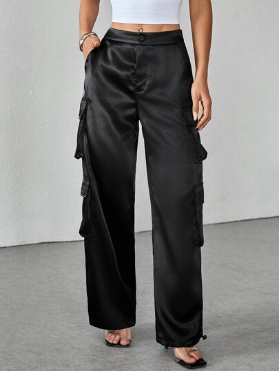 SHEIN PETITE Streetwear Spring Festival Clothing Satin Work Pants Women Trousers With 3D Pockets ,Petite Women