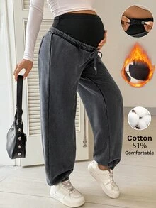 Boho Mama بنطال رياضي جوجر كاجوال للحوامل بخصر قابل للتعديل ومبطن حراري للشتاء - الأسود - مشاهدة 1