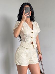 SOLERSUN 2pcs Women's Summer Elegant Casual Chic Floral Mesh Shirt And Shorts Set Tea Party Beach Brunch Outfit Cream White - Apricot - View 7